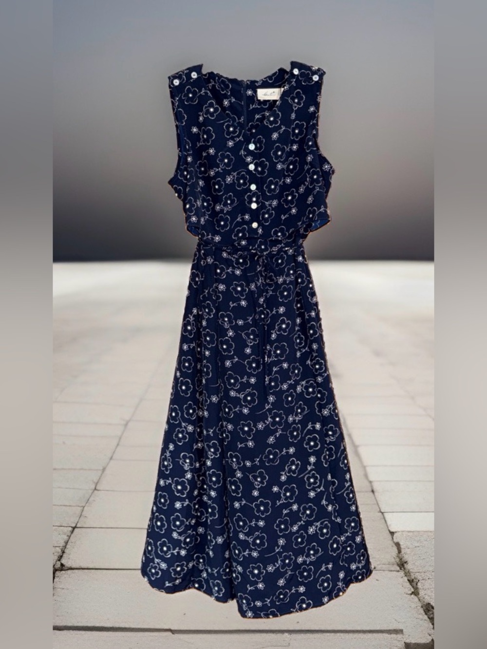Kathie Lee Coll. Women’s Navy Floral Button-Front Maxi Dress w/Tie Back-12-EC